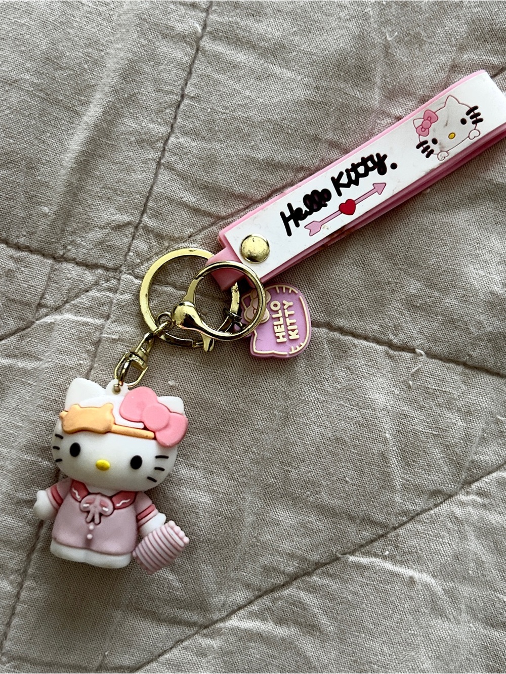 Hello Kitty Pink & White Charm Keyring Wristlet with Gold Hardware